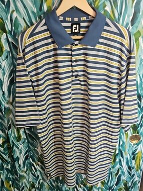 FootJoy Blue, White & Yellow Striped Performance Polo - Size XL